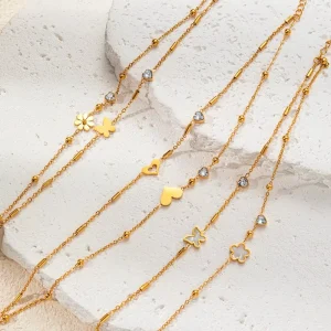 Women’s New Design Stainless Steel Anklet with Double Trees Gold Plated Flower Shaped Zircon Trendy Micro Insert Fashion Gift