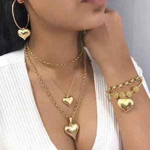 Women’s New Fashion Gold Plated Jewelry Set Heart Earrings Bracelet Pendant Necklace Gift Punk Style Jewelry Set