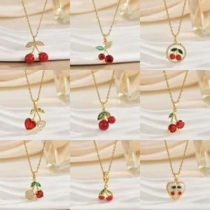 Women’s New Fashion Stainless Steel Link Necklace Japanese Korean Style Zircon Cherry Pendant Fashion Accessories Gift for Women
