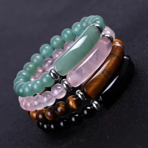 Women’s New Fashionable Luxury Elastic Bead Bracelet Rose Quartz Crystal Natural Tiger Eye Black Agate Stone Party Gift