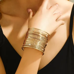 Women’s New Punk Trend Open Metal Wire Cuff Bracelet with Geometric Rhinestone Wide Bangles Jewelry Fashion Charm Bracelets