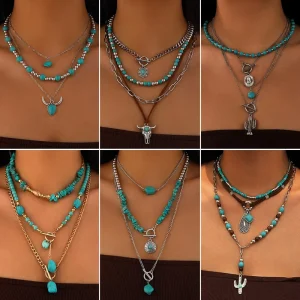 Women’s OEM ODM Jewelry Factory Cross border Vintage Faux Turquoise Bull Head Collarbone Necklace Exotic Ethnic Style Layered Necklace