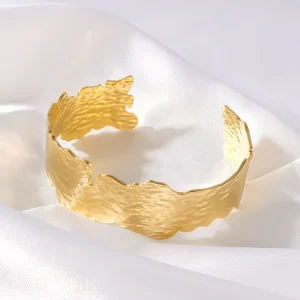 Women’s Party 18K Gold plated Geometric Texture Irregular Opening Cuff Bracelet Hammer Stainless Steel Jewelry