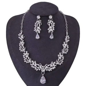 Women’s Party Jewelry Alloy Leaf Rhinestone Crystal Necklace Earrings Set
