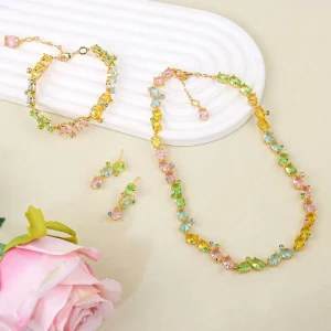 Women’s Party Set 3PCS Crystal Cubic Zirconia Necklace Earrings Bracelet Gold Copper Gift Costume