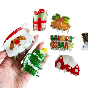 Women’s Party Style Merry Christmas Hair Clips Cartoon Christmas Tree Bell Santa Snow House Rainbow Acrylic Claw