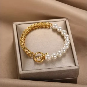 Women’s Pearl Bracelet Electroplated with 18K Gold Stainless Steel Chain Bracelet