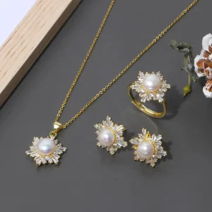 Women’s Pearl Jewelry Set with Brass Metal Necklace Earring Ring for Wedding Engagement or Party