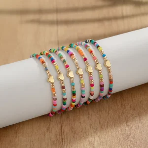 Women’s Personality Vacation Style Elastic Multi layer Bracelet 7 Pieces Set Colorful Rice Beads Heart Alloy Jewelry