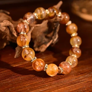 Women’s Pink Brown Bead Bracelet Natural Stone with Crystal Red Wood Grain Trendy Geometric Design for Gift