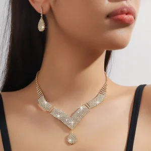 Women’s Punk Fashion Earrings Necklace Jewelry Two Piece Set Claw Chains Gold Zircon Accessories Exquisite Simple Birthday Party