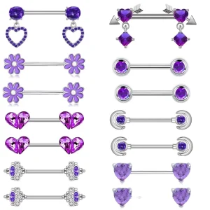Women’s Purple Heart Shape Straight Breast Ring Zircon Silver Plated Stainless Steel Body Chain Nail Piercing Accessories Gift
