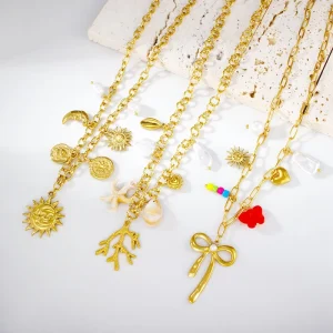 Women’s Retro Chain Design Stainless Steel Multi-Element Heart-Shape Pendant Necklace with Sun Moon Star PVD Gold-Plated Jewelry