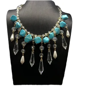 Women’s Retro Crystal Turquoise Necklace and Earring Set Multi-Element Pendant Necklace