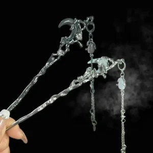 Women’s Retro Metal Flower Hanfu Hair Stick Black Crystal Moon Tassel Hairpin Bow Style Hair Accessories for Girls