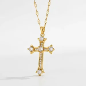 Women’s Retro Punk Cross Pendant Necklace with Zircon Collar Gold Plated Chain Personalised Fashion Accessory in Gold Silver