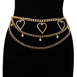 Womens Rhinestone Heart Body Chain Alloy Layered Waist Chain Sexy Fashion Decorative Jewelry