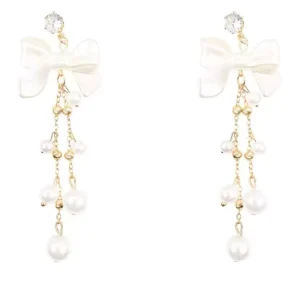 Women’s Romantic Alloy Fashion Pearl Bow Crystal Camellia Drop Earrings with Tassel Silver Needle Long Pearl
