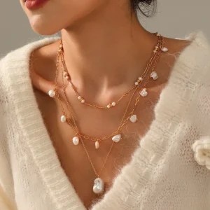 Women’s Romantic Baroque Freshwater Pearl Necklace Three Layers With Charming Design Fashion Jewelry Gift With Beads Chain Type