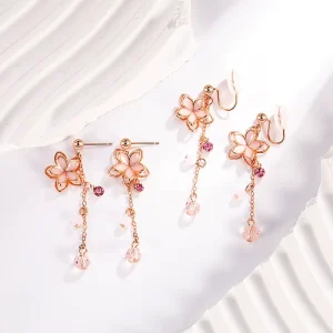 Women’s Rose Gold and Pink Flower Fringed Copper Alloy Stud Earrings Sweet and Fashionable Exquisite Gift