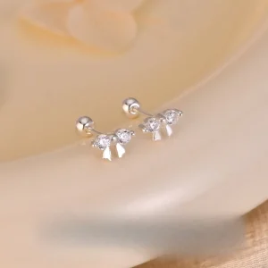 Women’s S999 Sterling Silver Bow Zircon Stud Earrings Fashion Jewelry