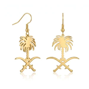 Women’s Saudi Emblem Drop Stainless Steel 18K Gold Plated Tarnish Resistant Party Earrings