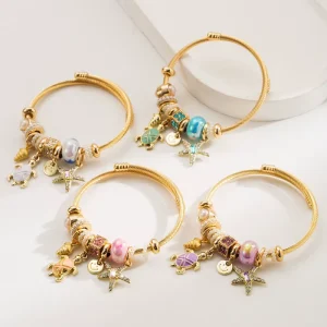 Women’s Seaside Vacation Style Shell Encrusted Stainless Steel Charm Bracelet Starfish Turtle Pendants Diamond Accents