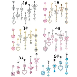 Women’s Sexy Body Piercing Jewelry Set Stainless Steel Butterfly Belly Ring Micro Inset Zircon Gold Nail Navel Claw Setting