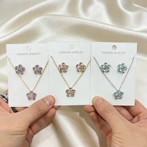 Women’s Shiny Crystal Blossom Earrings & Gem Necklace Daily Wear Sweet Pink Flower Jewelry Set Flower Earrings Necklace Set