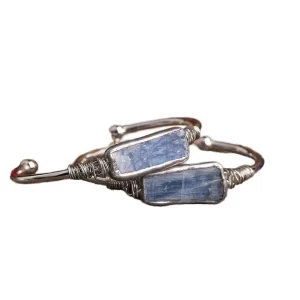 Women’s Silvery Copper Wire Wrapped Natural Blue Kyanite Stone Beads Open Cuff Bangle Bracelet Fashion Jewelry