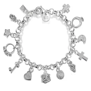 Women’s Simple Fashion Bracelet with Thirteen Pendant Multi Element Silver Jewelry Elegant Bangles