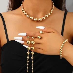 Women’s Simple and Exaggerated Geometric Ball Bracelet Gold Plated Necklace Earrings Rings Fashionable Jewelry Set