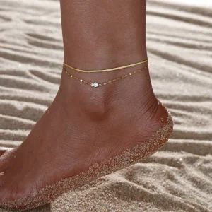 Women’s Snake Bone Chain with Diamonds 18K Gold Double-Layer Stainless Steel Anklets That Won’t Fade