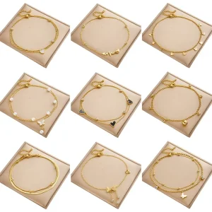 Women’s Stainless Steel 18K Gold Double Layer Bracelet Bead Anklet with Pearl Shell Zircon Butterfly Heart Charm Fashion Jewelry