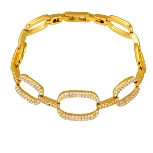 Women’s Stainless Steel 18K Gold Plated Chain Link Bracelet with Zircon Anti Allergenic 19cm Length