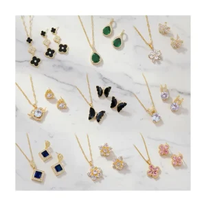 Women’s Stainless Steel 18K Gold Zircon Bow Clover Heart Butterfly Pendant Necklace and Earrings Set