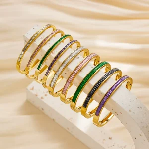 Women’s Stainless Steel 316L Silver Gold Rose 18K Gold Plated Enamel Bamboo Pattern Trendy Bracelet for Anniversary