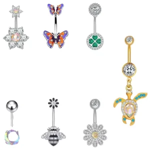 Women’s Stainless Steel Animal Navel Ring Gold Plated Body Jewelry Zircon Flower Belly Wedding Gift 10mm
