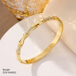 Women’s Stainless Steel Bracelet 18K Gold Plated Waterproof Colorful Diamond Bamboo Pattern Bangle