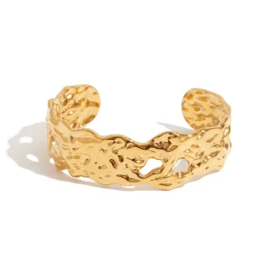 Women’s Stainless Steel Charm Bracelet Light Luxury High End 18K Gold Plated Trendy Hammered Hollow Open Cuff Wedding Banquet