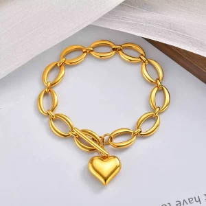 Women’s Stainless Steel Charm Bracelet with OT Buckle Heart-shaped Geometric Design Gold Plated Jewelry