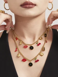 Women’s Stainless Steel Cherry Charm Necklace, 18K Gold-Plated with Cubic Zirconia