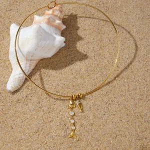 Women’s Stainless Steel Collar Necklace Gold Plated Fish Charm Zircon Tassel Choker Necklace for Summer Beach Jewelry