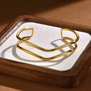 Women’s Stainless Steel Cuff Bracelets Irregular Wave Double-layer Open Geometric Gold Plated Party Jewelry