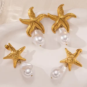 Women’s Stainless Steel Earrings Starfish Earrings Pearl Earrings Holiday Style