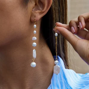Women’s Stainless Steel Fashion 18K Gold Freshwater Pearl Drop Earrings