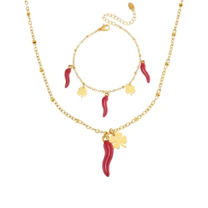 Women’s Stainless Steel Four Clover Charm Necklace with Matching Bracelet Lucky Chili Enamel Jewelry Set