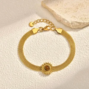 Women’s Stainless Steel Gold Plated Natural Stone Mesh Strap Charm Bracelets Geometric Design Trendy for Wedding Party Occasions
