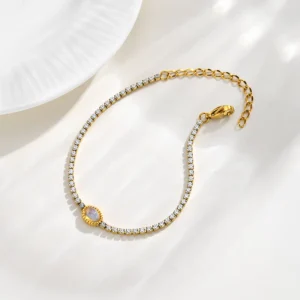 Women’s Stainless Steel Gold Plated Zircon Tennis Bracelet with Geometric Pattern for Wedding Party Occasions