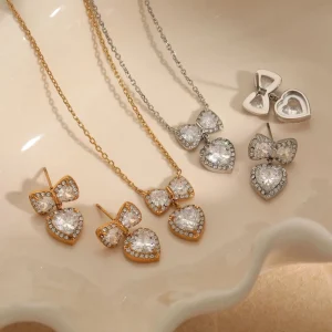 Women’s Stainless Steel Heart Bow Jewelry Set With Zircon Gold Plated Earrings And Necklace For Wedding Party Or Anniversary